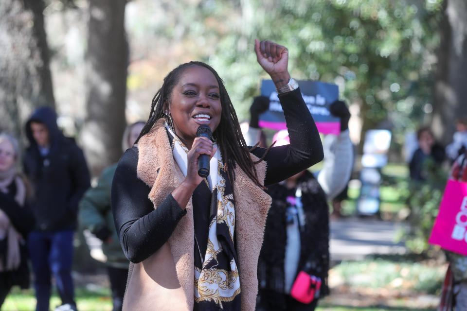 Chatham County District Attorney Shalena Cook Jones leads a chant during the "Bigger Than Roe" rally and march on Saturday, January 20, 2024 at Forsyth Park.