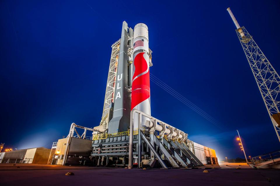 The United Launch Alliance Vulcan rocket sits atop Space Launch Complex-41 at Cape Canaveral Space Force Station ahead of the Flight Readiness Tanking Test and Flight Readiness Firing in preparation for the inaugural flight.