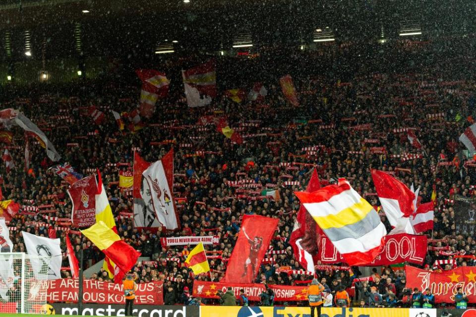 A packed Anfield watches on during the Champions League game between Liverpool and Atlético Madrid in March 2020