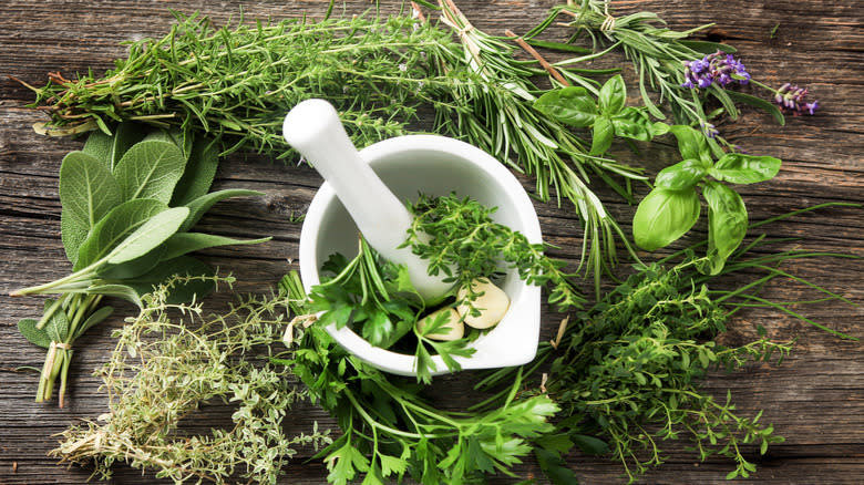 Herbs around a mortar and pestle