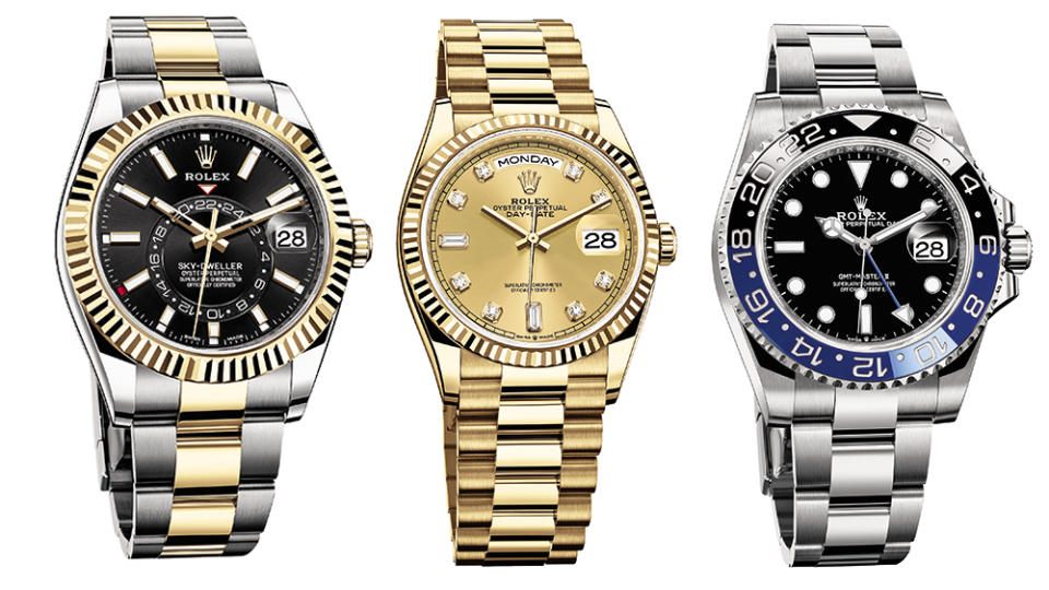 From left to right, the Sky-Dweller, the Day-Date and the GMT Master II.