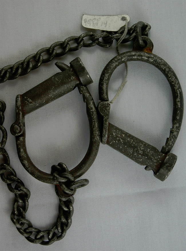 <span>In response to reports that Canadian soldiers killed German POWs on a ship bound for England, Canadian POWs were forced to wear shackles for 11 months. These are the shackles Sgt. Maurice Snook wore for 11 months in 1942-43 while in Stalag 8B. Photo courtesy of <a href="http://www.thememoryproject.com/stories/828:maurice-ypres-junior-snook/" rel="nofollow noopener" target="_blank" data-ylk="slk:Historica-Dominion Institute;elm:context_link;itc:0;sec:content-canvas" class="link ">Historica-Dominion Institute</a>. </span>