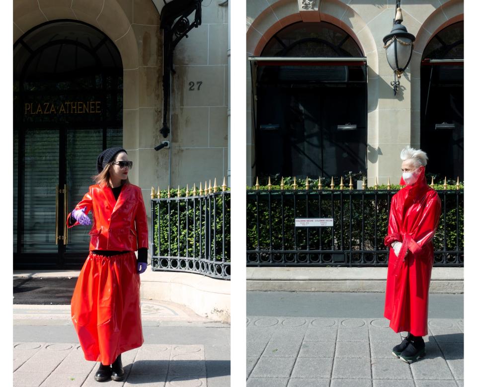 Wearing Comme des Garçons and Balenciaga by Demna Gvasalia in front of the Hôtel Plaza Athénée.
