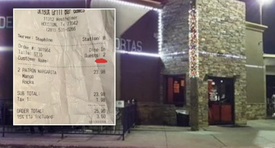 The derogatory receipt and the restaurant's entrance. 