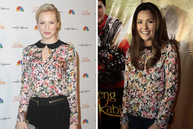 “Leverage” actress Beth Riesgraf and “Si Agimat, Si Enteng Kabisote at Si Ako” star Gwen Zamora are wearing the exact same floral top. Gwen goes for a more modest look keeping the keyhole a little closed unlike Beth. Tucked in or untucked, we think both ways look gorgeous!