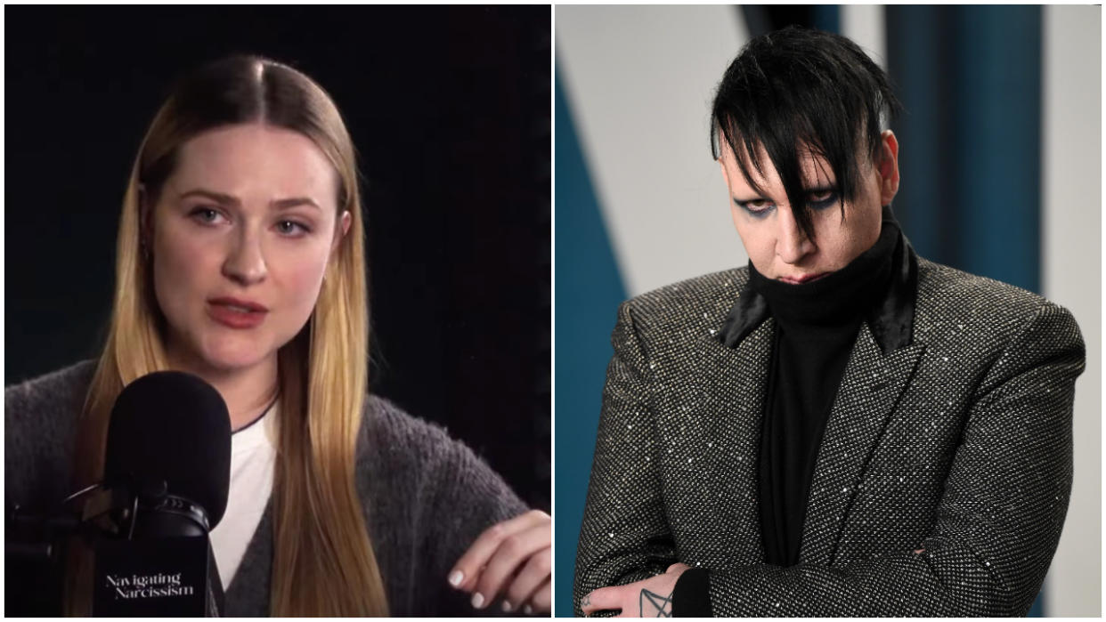  Evan Rachel Wood on the Navigating Narcissism podcast, and Marilyn Manson at a red carpet event. 