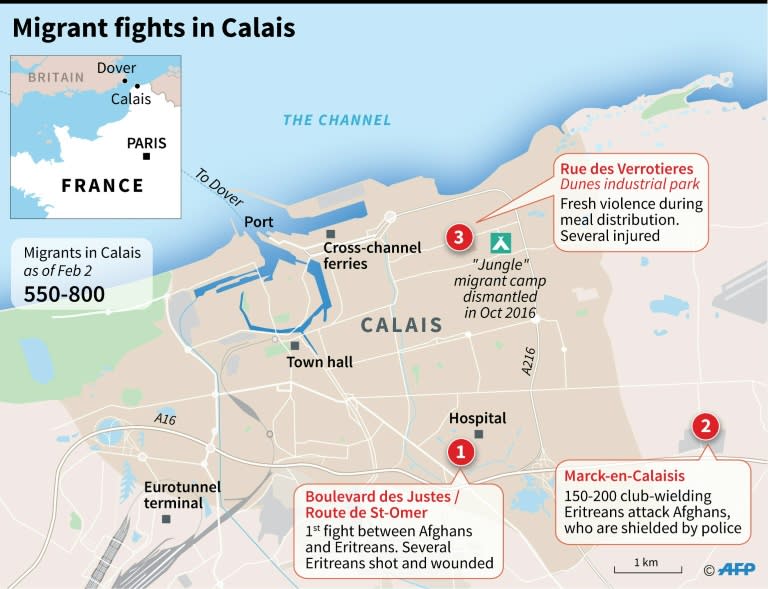 A map of Calais, France, locating the sites of clashes between migrants blamed on people smugglers