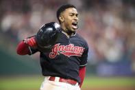 Aug 8, 2018; Cleveland, OH, USA; Cleveland Indians shortstop Francisco Lindor (12) rounds the bases after hitting a game-winning three-run home run during the ninth inning against the Minnesota Twins at Progressive Field. Ken Blaze-USA TODAY Sports