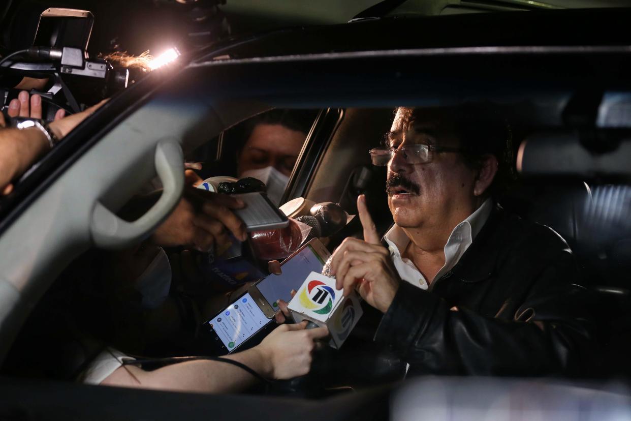 Manuel Zelaya former President of Honduras speaks to the media after been held and later released by authorities at Toncontin International Airport on 27 November 2020 in Tegucigalpa, Honduras (Milo Espinoza/Getty Images)