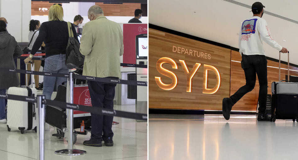 People lining up with suitcases at Sydney airport departures. 