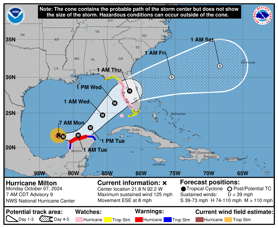 A map showing the likely path of Hurricane Milton.