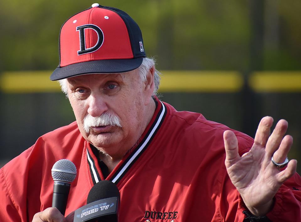 Steve Winarski speaks during Tuesday's field dedication May 14, 2024.