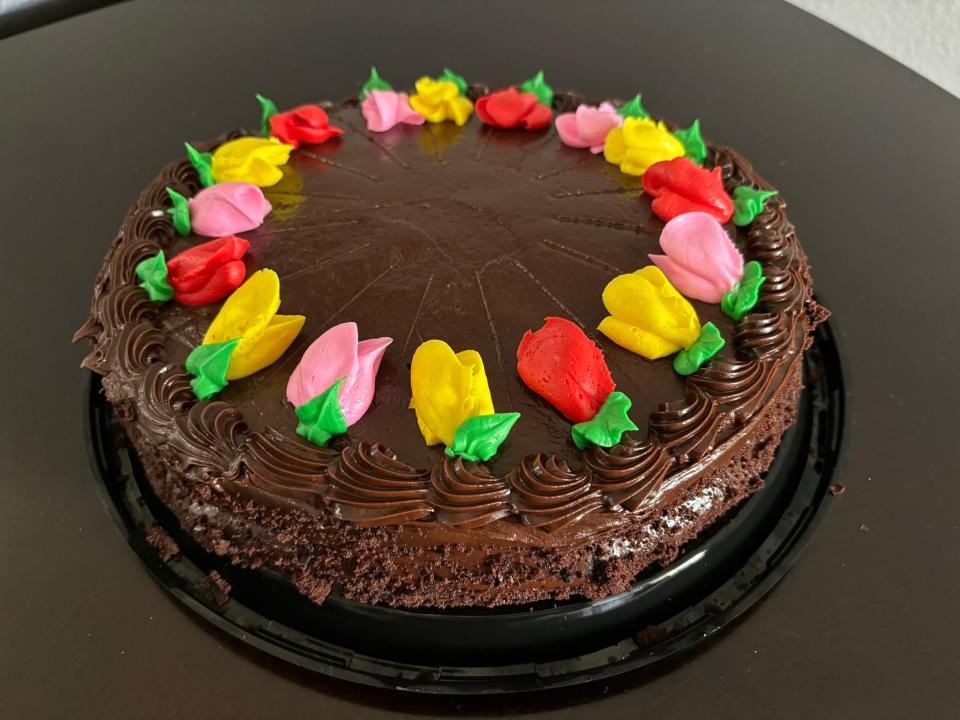 Chocolate cake from Costco decorated with tulip border