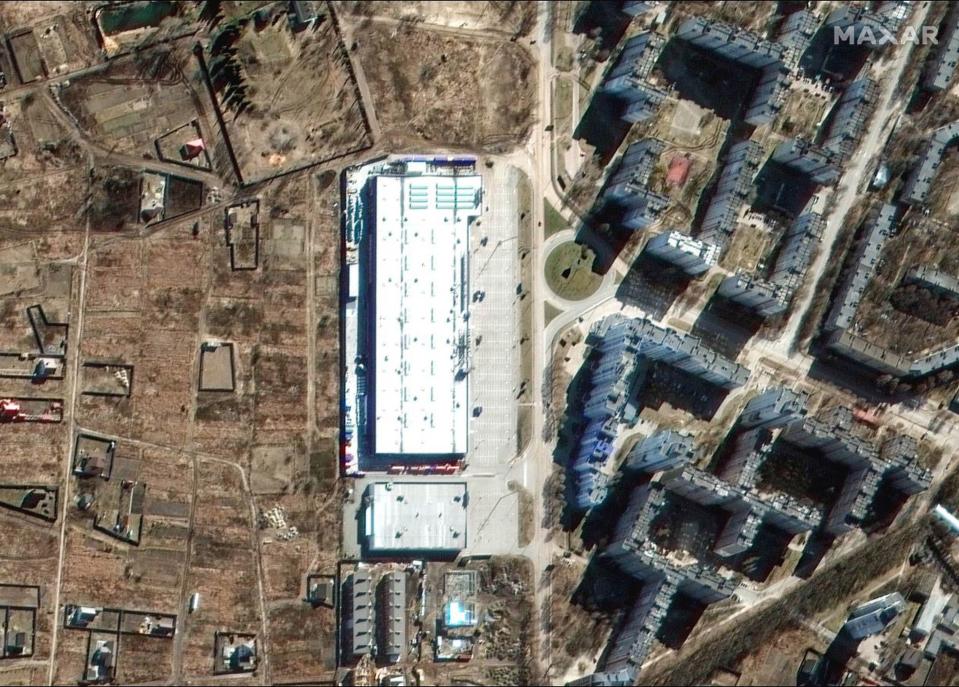 This handout satellite image shows a shopping center in Chernihiv, Ukraine, on Feb. 28, 2022, before a Russian attack.