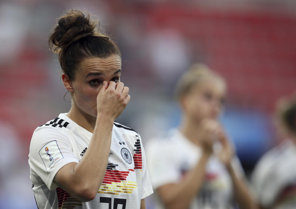 Germany's Lina Magull reacts at the end of the Women's World Cup quarterfinal soccer match between Germany and Sweden at Roazhon Park in Rennes, France, Saturday, June 29, 2019. Sweden beat Germany 2-1. (AP Photo/David Vincent)
