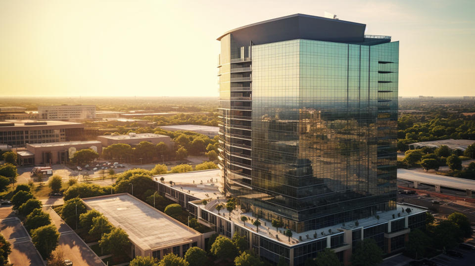 An aerial view of a Class A office tower complex in a high-growth Sun Belt market.