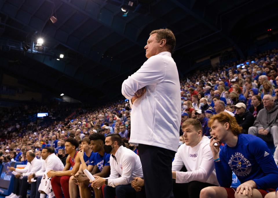 Kansas coach Bill Self observes his team against George Mason. Kansas won 76-67 on Saturday, Jan. 1 at Allen Fieldhouse.