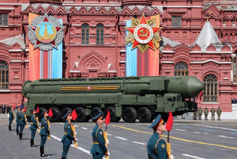 A Russian Yars intercontinental ballistic missile system drives in Red Square during a military parade on Victory Day.  (via REUTERS)