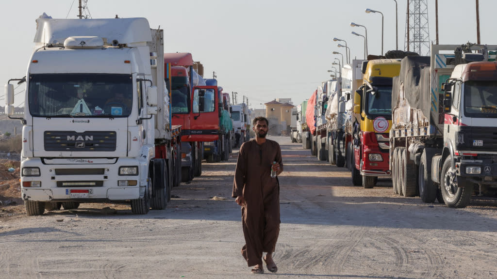  Aid trucks waiting to enter Gaza from Egypt. 