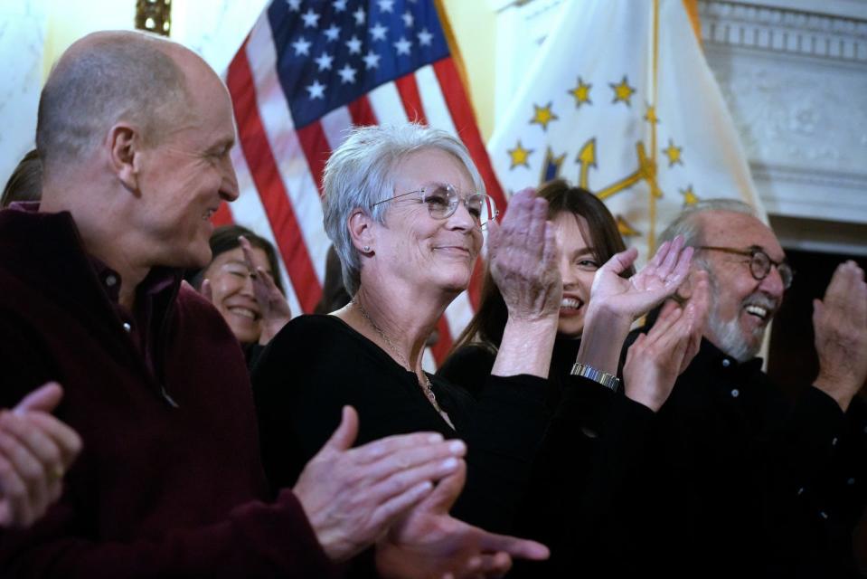 Woody Harrelson, Jamie Lee Curtis, Emma Mackey, and James L. Brooks during a Thursday afternoon press conference announcing start of filming of the James L. Brooks movie "Ella McCay" Thursday afternoon in the State room at the RI State House.