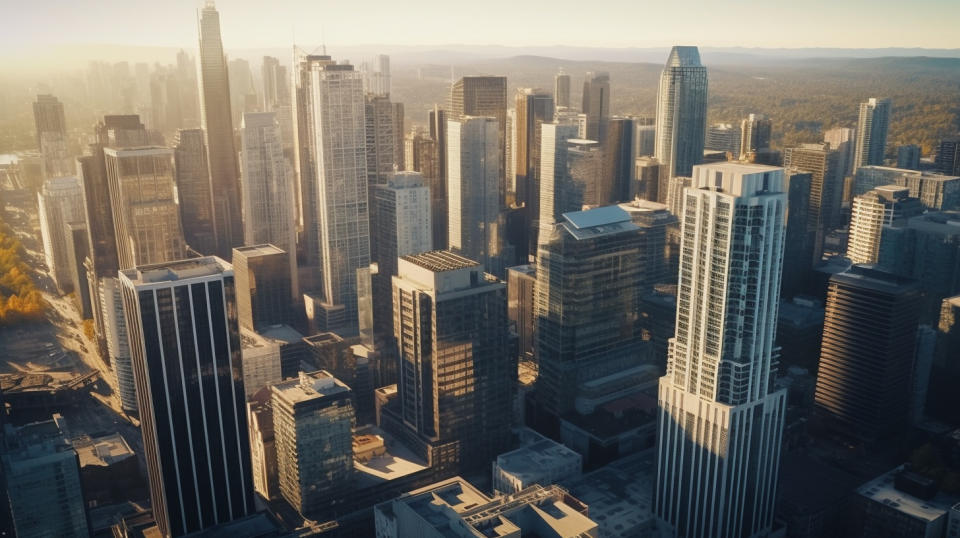 Aerial shot of a modern skyline with REIT building projects in downtown.