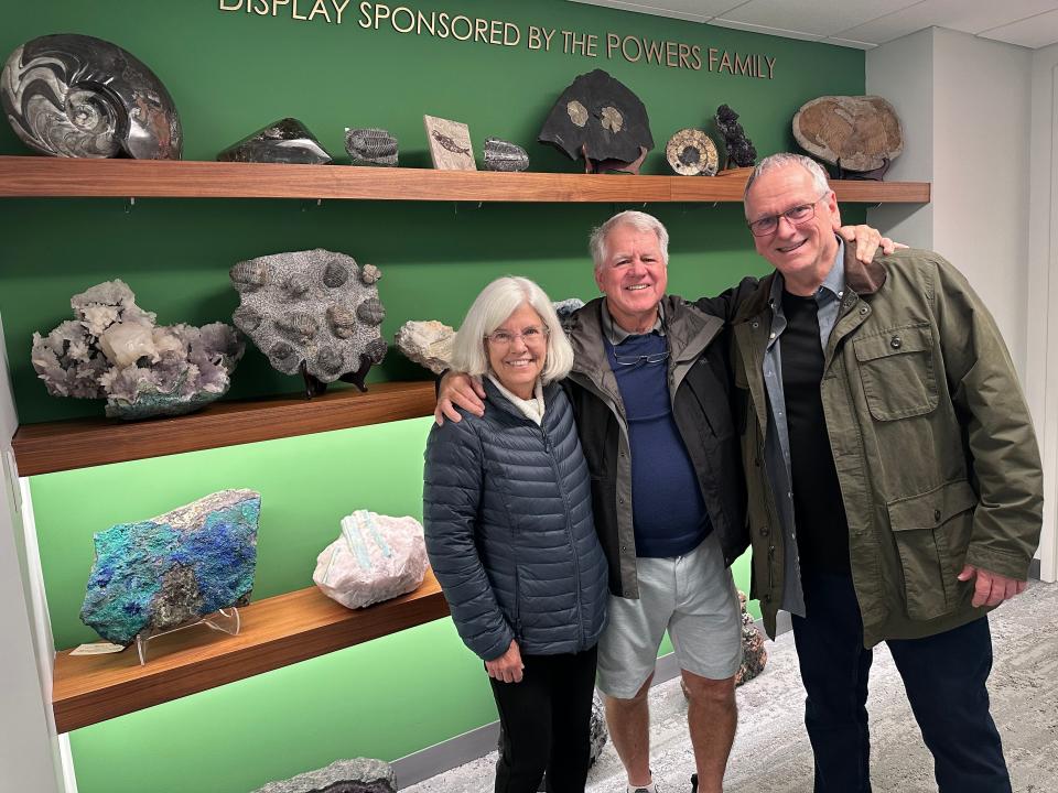 Dr. Jon Arthur, Executive Director of the American Geosciences Institute, gives the McKibbens a tour of his office, including a remarkable rock display.