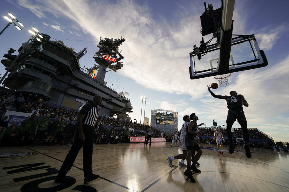 Michigan State center Mady Sissoko (22) catches a rebound during the first half of the Carrier Classic NCAA college basketball game against Gonzaga aboard the USS Abraham Lincoln in Coronado, Calif. Friday, Nov. 11, 2022. (AP Photo/Ashley Landis)