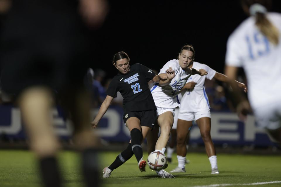 Players battle for possession of the ball during game between BYU and No. 1-ranked UCLA Thursday, Aug. 31, 2023, at Smith Field in Provo. The Cougars upset the Bruins, 3-1. | BYU Photo