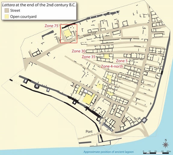 The layout of Lattara (modern Lattes) at the end of the second century. The tavern is located in Zone 75.