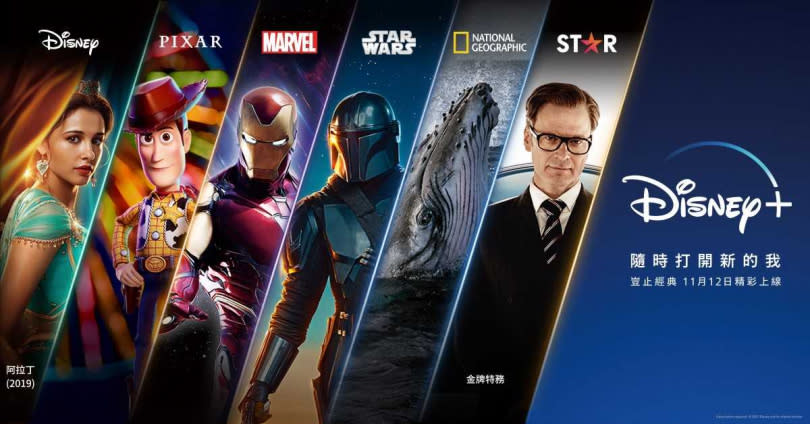 Disney+擁有迪士尼、皮克斯、漫威、盧於斯、STAR及國家地理頻道等影業，豐富的影片執行地表最強影視集團。（圖／Disney+）