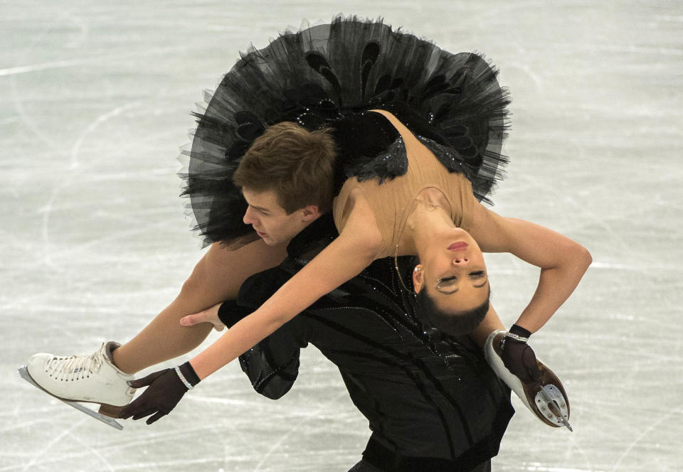 Elena Ilinykh and Nikita Katsalapov Russia perform their free programme in the European Figure Skating Championships in Syma Hall in Budapest, Hungary, Thursday Jan. 16, 2014. (AP Photo/MTI, Tamas Soki)