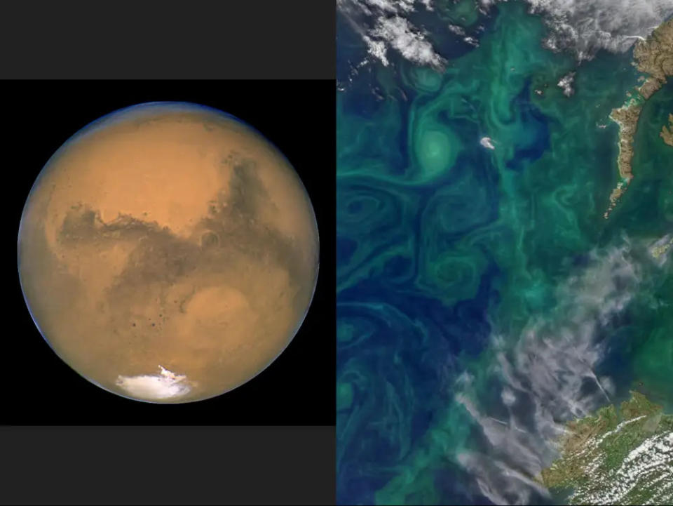 Von links nach rechts: Eine Fotomontage zeigt den Mars, von dem einige Wissenschaftler behaupten, dass er die Meeresströmungen auf der Erde beeinflussen kann, wie zum Beispiel die hier vor der Küste Irlands zu sehenden Wirbel. - Copyright: NASA/Getty Images; Norman Kuring/NASA GSFC; Business Insider