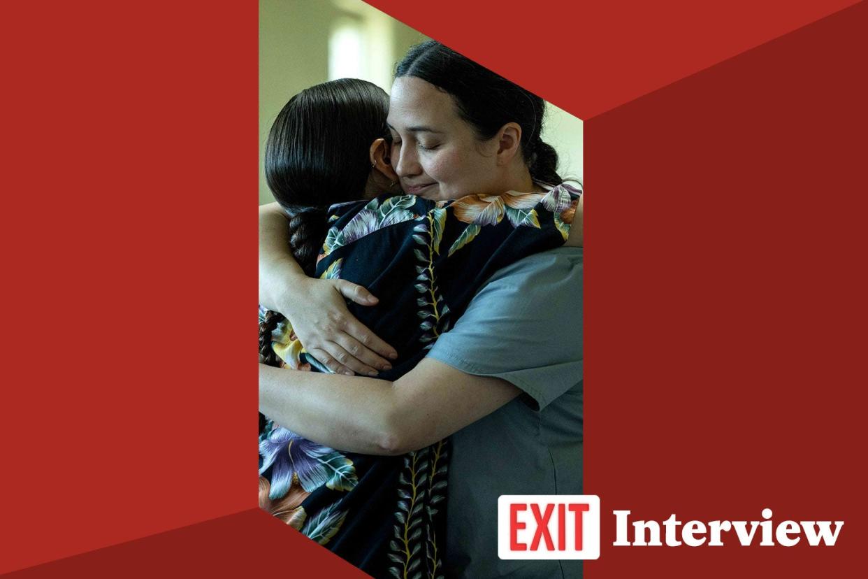 Willie Jack hugging her aunt, surrounded by a red border and the words "Exit Interview."