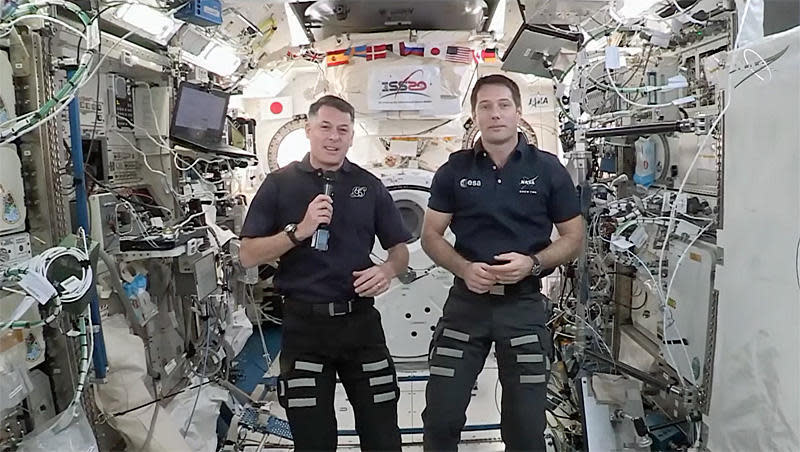 NASA astronaut Shane Kimbrough, left, and European Space Agency astronaut Thomas Pesquet answer questions from reporters, saying they fully support the emerging civilian space travel market. / Credit: NASA TV