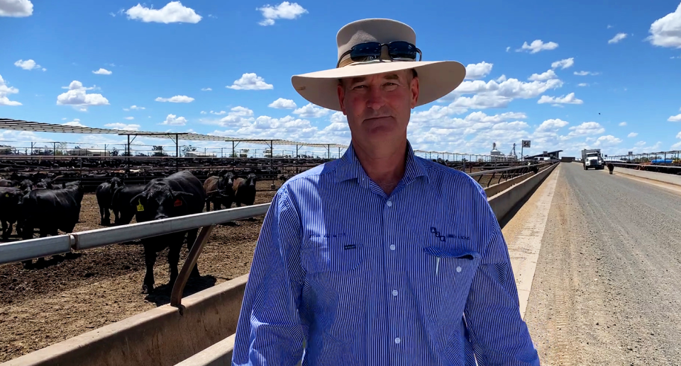 NSW farmer David Chadwick stands in his cattle feedlot. He wears a wide brimmed hat.