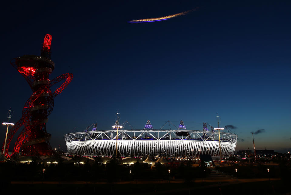 LONDON, ENGLAND - AUGUST 29: A plane flies over the Olympic Stadium during the Opening Ceremony of the London 2012 Paralympics at the Olympic Stadium on August 29, 2012 in London, England. (Photo by Julian Finney/Getty Images)