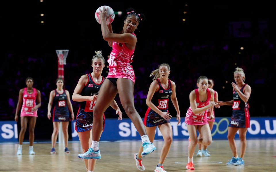 Adean Thomas of The London Pulse jumps for the ball during the Vitality Netball Superleague Season Opener game between London Pulse and Strathclyde Sirens at Arena Birmingham on February 22, 2020 in Birmingham, England - Getty Images