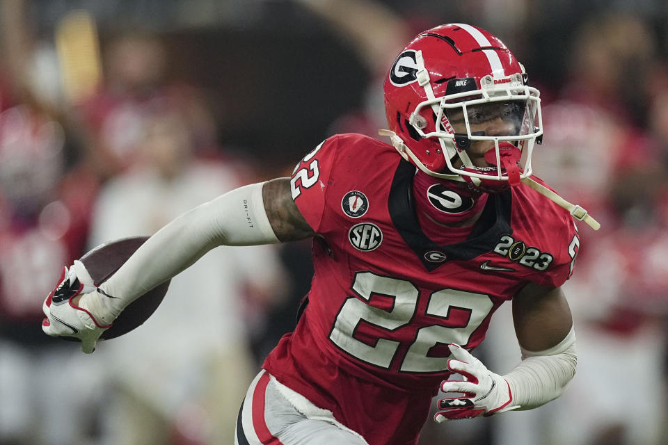 FILE - Georgia defensive back Javon Bullard (22) celebrates his interception against TCU during the first half of the national championship NCAA College Football Playoff game, Monday, Jan. 9, 2023, in Inglewood, Calif. Georgia opens their season at home against Tennessee-Martin on Sept. 2. (AP Photo/Mark J. Terrill, File)