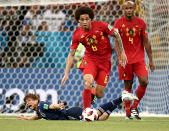 <p>Japan’s Takashi Inui and Belgium’s Axel Witsel, Vincent Kompany (L-R) in action in their 2018 FIFA World Cup Round of 16 football match at Rostov Arena Stadium. Valery Sharifulin/TASS (Photo by Valery Sharifulin\TASS via Getty Images) </p>