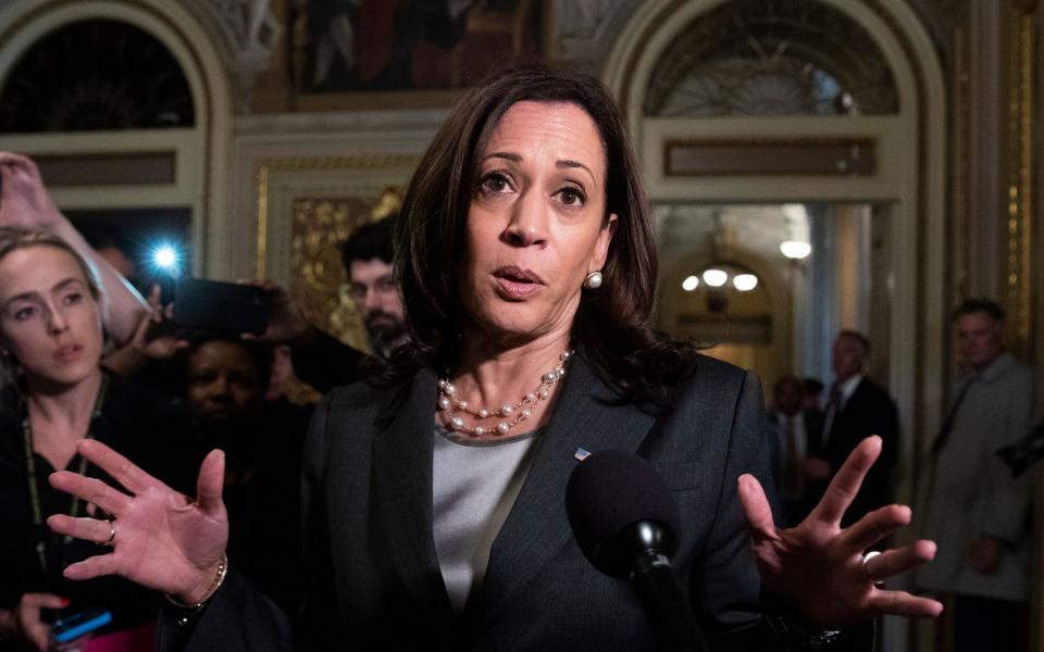 US Vice President Kamala Harris (C) delivers remarks to members of the news media after the Senate failed to advance the election reform legislation, 'For the People Act', outside the Senate chamber on Capitol Hill in Washington, DC, USA, 22 June 2021. The election reform legislation crafted by Democrats was blocked by Republicans in a partisan vote. - Shutterstock
