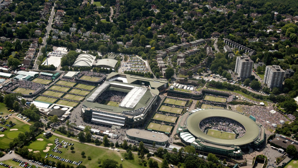 An aerial view shows the Wimbledon tennis championships in London June 27, 2011. REUTERS/Tom Lovelock/AELTC/Pool