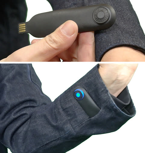 To charge the snap tag, you pull it out of the jacket and plug it into a USB jack.