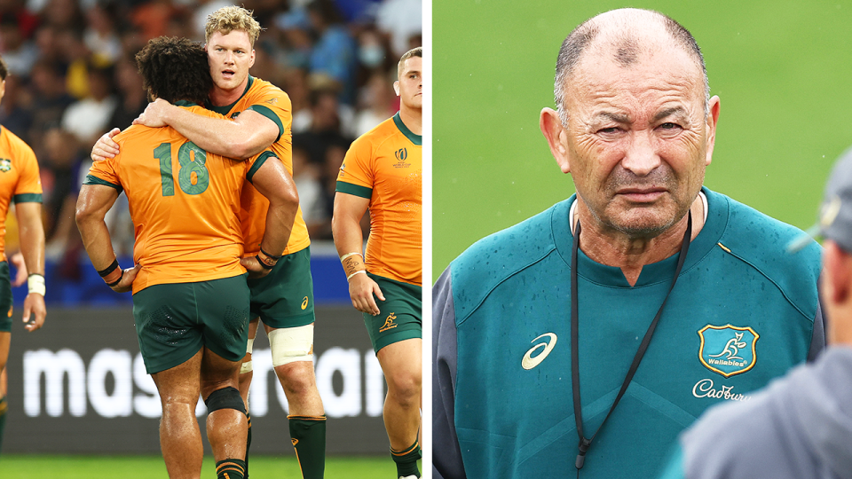 Eddie Jones and the Wallabies (pictured right) could slump to World 10 in the rankings having loss to Fiji at the Rugby World Cup. (Getty Images)