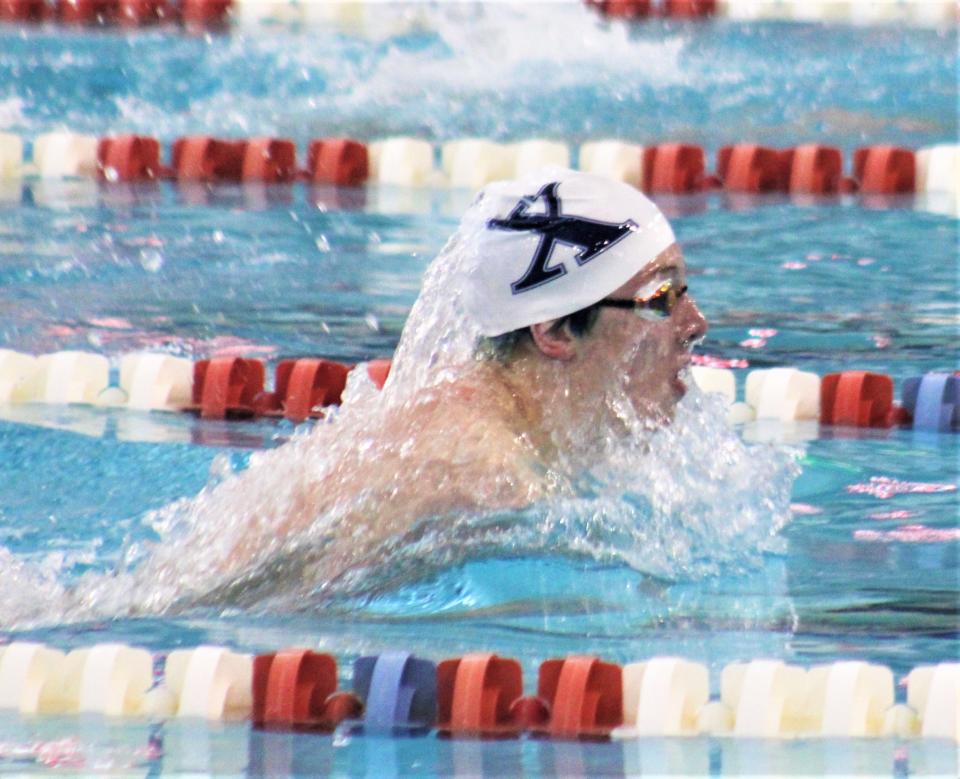 St. Xavier sophomore Jaeger Ellerman wins the 100-yard breaststroke during the OHSAA Southwest District Division I swimming championships Saturday.