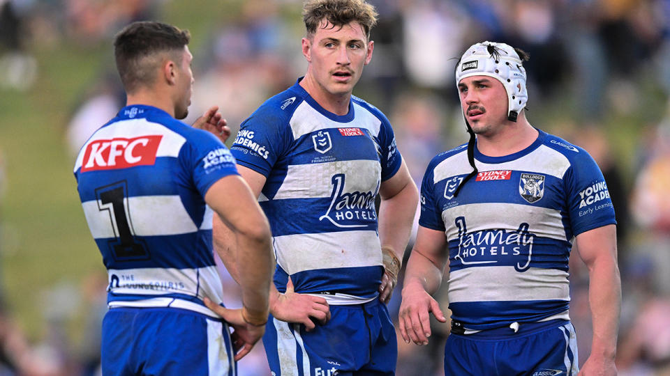 Canterbury Bulldogs players converse on field.