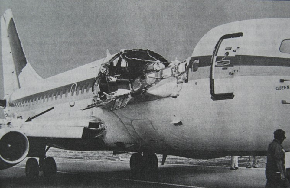 Veteran flight attendant Clarabelle “C.B.” Lansing, known for her loyal work and style of wearing flowers in her hair, was tragically sucked from the aircraft when the fuselage came apart; her body was never found (NTSB)