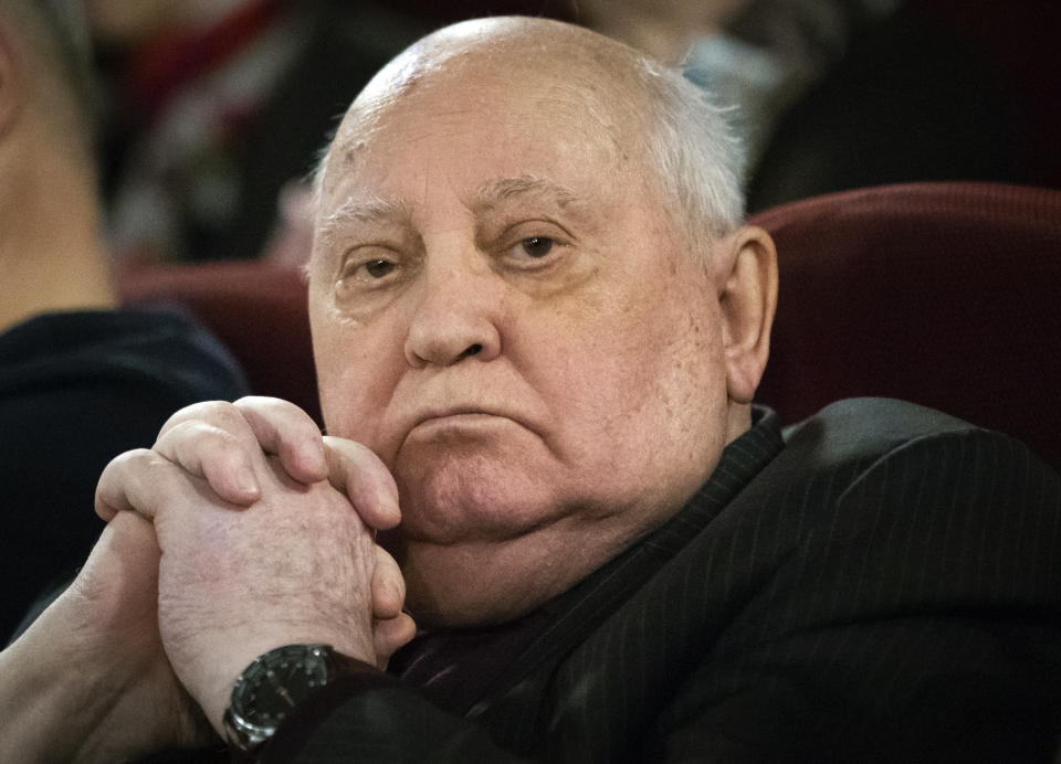 FILE - Former Soviet leader Mikhail Gorbachev attends the Moscow premier of a film made by Werner Herzog and British filmmaker Andre Singer based on their conversations, in Moscow, Russia on Thursday, Nov. 8, 2018. (AP Photo/Alexander Zemlianichenko, File)