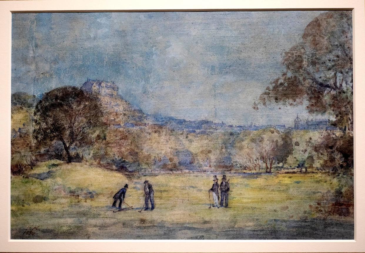 "Edinburgh from the Bruntsfield Golf Links" by Francis Nicholson, 1830, watercolor is at Old Golf Shop on Worth Avenue January 26, 2024 in Palm Beach.
