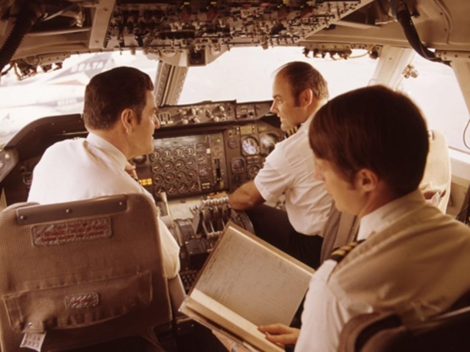 Delta Air Lines pilots in the cockpit of a Boeing 747 in 1973.