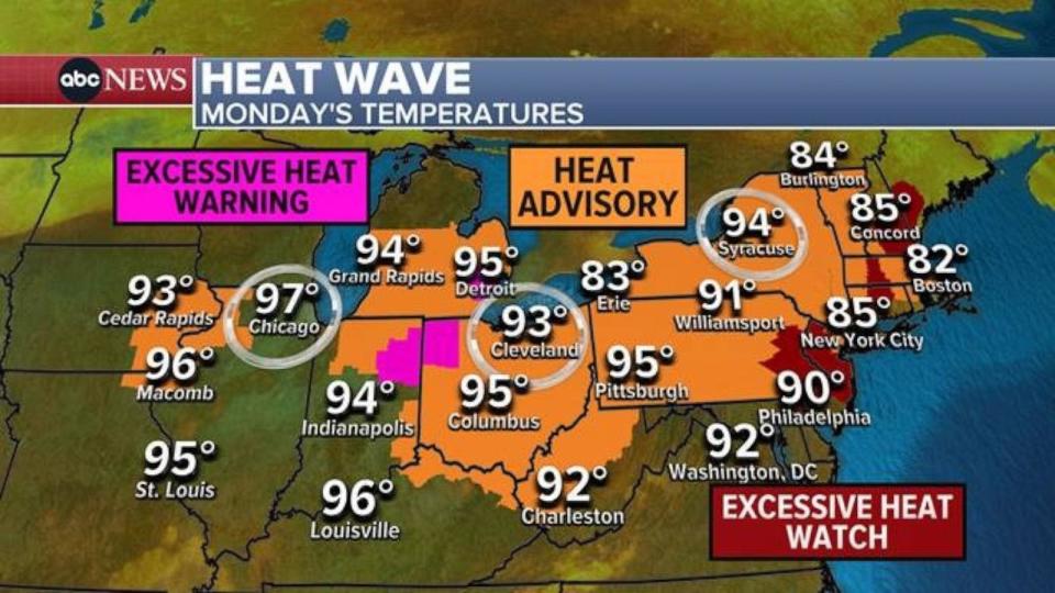 PHOTO: Heat wave Monday's temperatures. (ABC News)